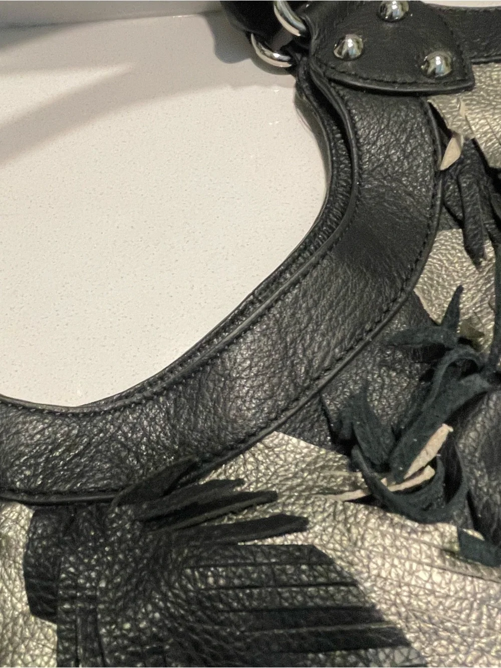 Frosting by Mary Norton Black & Silver Leather Feather-Accent Hobo Bag